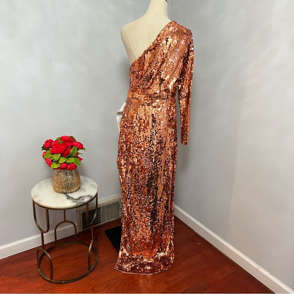 MAC DUGGAL Copper Long Sleeve One Shoulder Sequin Gown With Slit - New W/Tag - Picture 15 of 17